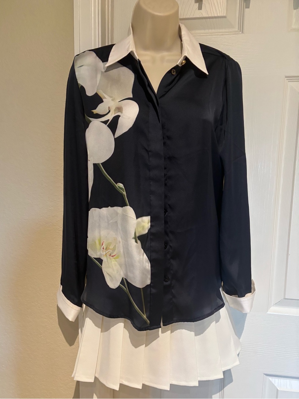 Altuzarra for Target Satin Navy Blouse with Orchid Print and White Collar/Cuffs